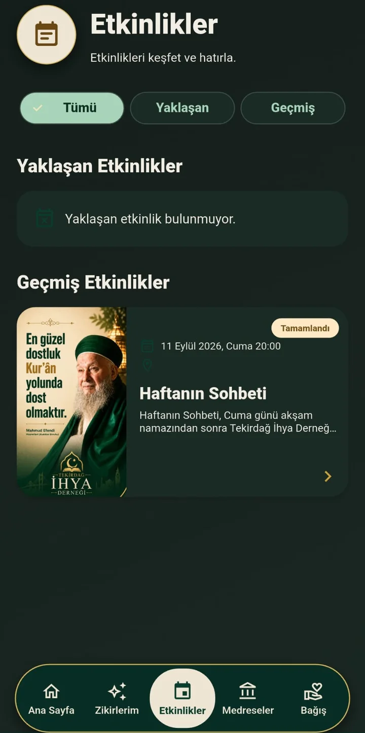 İhya Mobil Etkinlikler ekranı: yaklaşan ve geçmiş etkinlikler
